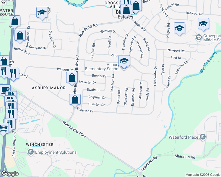 map of restaurants, bars, coffee shops, grocery stores, and more near 3764 Aurelia Drive in Columbus
