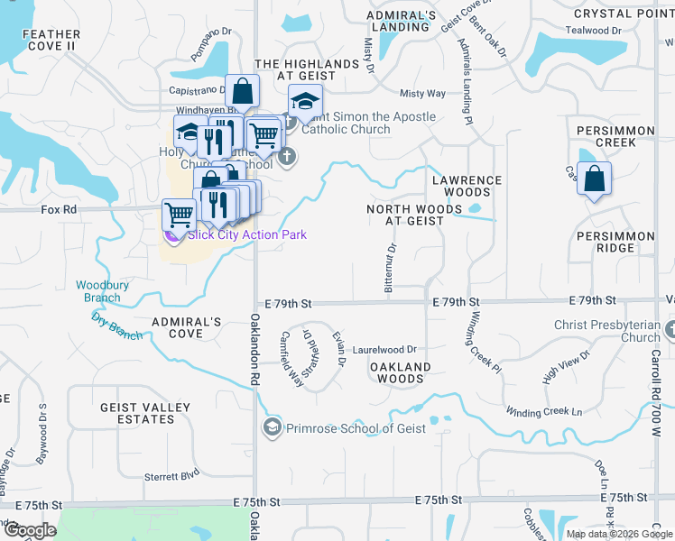 map of restaurants, bars, coffee shops, grocery stores, and more near 12010 East 79th Street in Indianapolis
