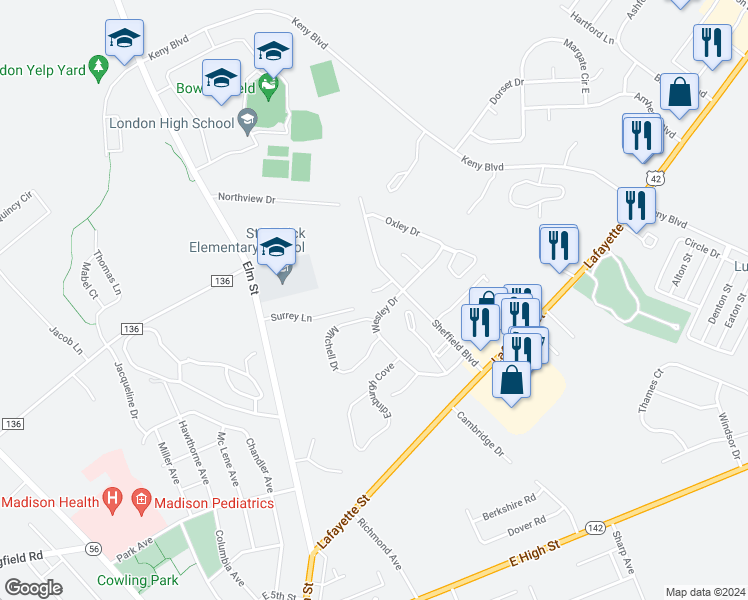 map of restaurants, bars, coffee shops, grocery stores, and more near 1089 Sheffield Court in London