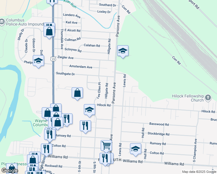 map of restaurants, bars, coffee shops, grocery stores, and more near 3110 Hillgate Road in Columbus