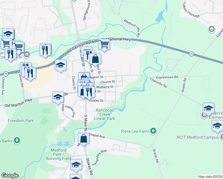 map of restaurants, bars, coffee shops, grocery stores, and more near 43 Mulberry Street in Medford