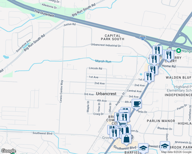 map of restaurants, bars, coffee shops, grocery stores, and more near 3614 1st Avenue in Grove City