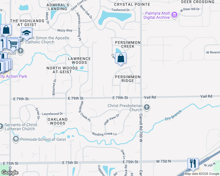 map of restaurants, bars, coffee shops, grocery stores, and more near 7954 Arvada Place in Indianapolis