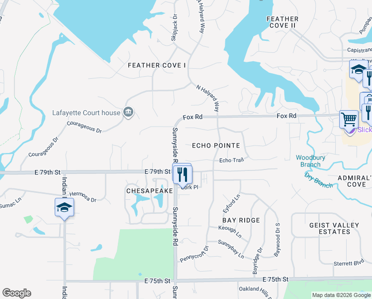 map of restaurants, bars, coffee shops, grocery stores, and more near 10903 Echo Spring Circle in Indianapolis