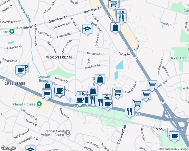 map of restaurants, bars, coffee shops, grocery stores, and more near 400 Mallard Drive in Evesham