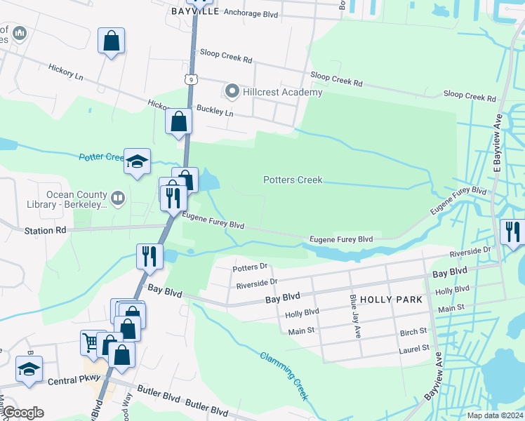 map of restaurants, bars, coffee shops, grocery stores, and more near Avenue East in Berkeley Township