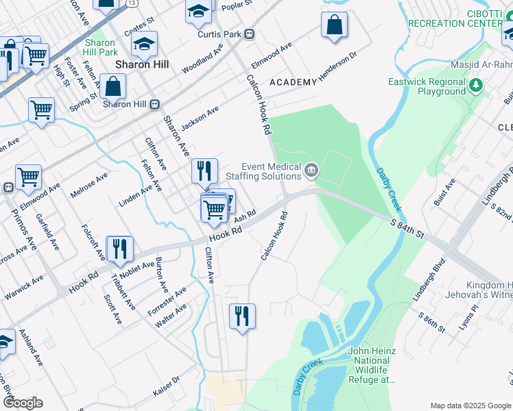 map of restaurants, bars, coffee shops, grocery stores, and more near 1035 Barker Road in Sharon Hill