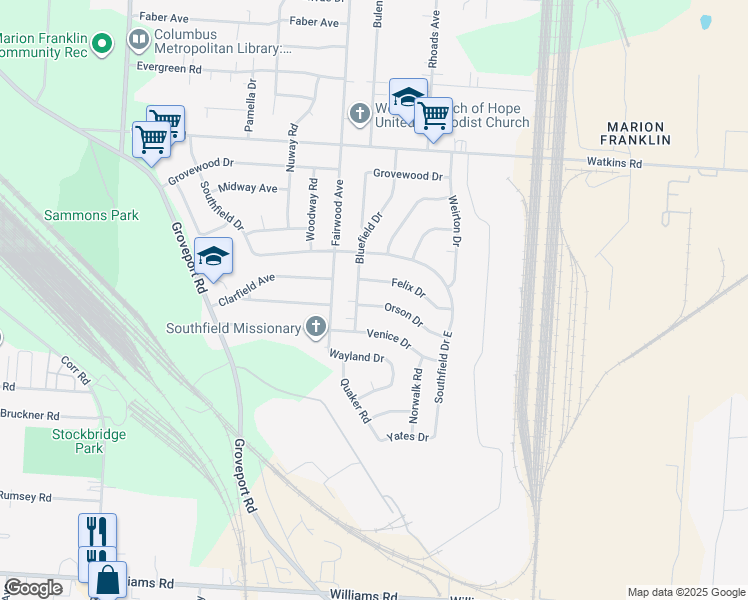 map of restaurants, bars, coffee shops, grocery stores, and more near 1460 Orson Drive in Columbus