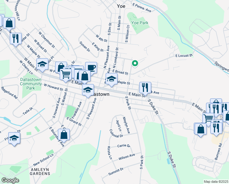 map of restaurants, bars, coffee shops, grocery stores, and more near 326 East Main Street in Dallastown