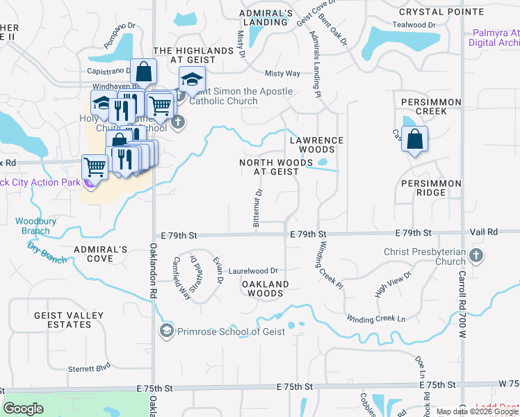 map of restaurants, bars, coffee shops, grocery stores, and more near 7935 Bitternut Drive in Indianapolis