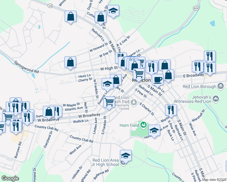 map of restaurants, bars, coffee shops, grocery stores, and more near 121 1st Avenue in Red Lion