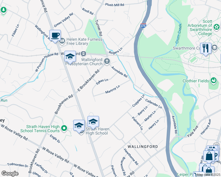 map of restaurants, bars, coffee shops, grocery stores, and more near 211 Martroy Lane in Nether Providence Township