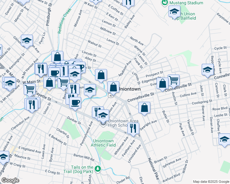 map of restaurants, bars, coffee shops, grocery stores, and more near 185 East Main Street in Uniontown