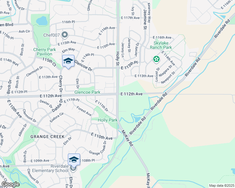 map of restaurants, bars, coffee shops, grocery stores, and more near Holly Street & East 112th Avenue in Thornton