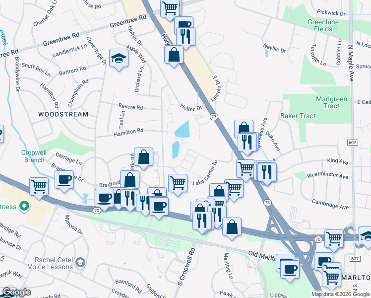 map of restaurants, bars, coffee shops, grocery stores, and more near 401 Route 73 North in Evesham Township