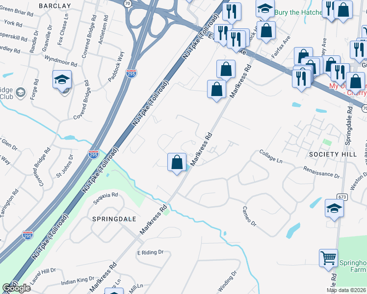 map of restaurants, bars, coffee shops, grocery stores, and more near 365 Tuvira Lane in Cherry Hill
