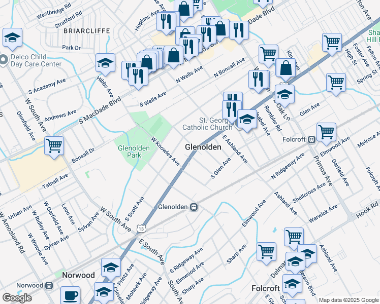 map of restaurants, bars, coffee shops, grocery stores, and more near 110 South Chester Pike in Glenolden