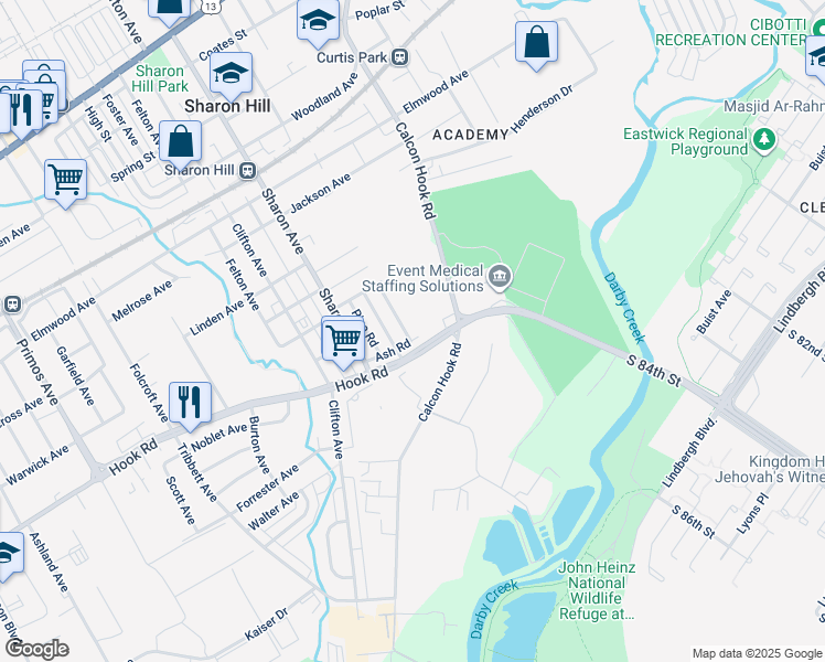 map of restaurants, bars, coffee shops, grocery stores, and more near 1035 Barker Road in Sharon Hill