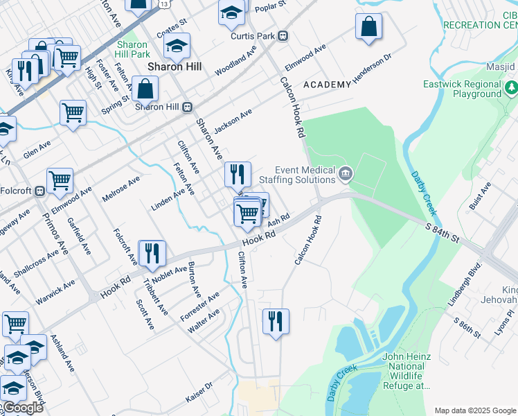map of restaurants, bars, coffee shops, grocery stores, and more near 1002 Pine Road in Sharon Hill