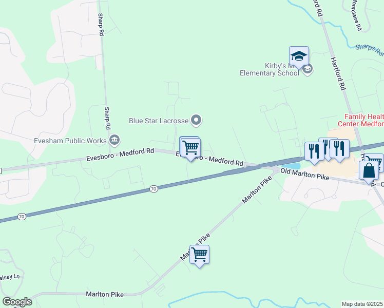 map of restaurants, bars, coffee shops, grocery stores, and more near 14 Medford Evesboro Road in Medford
