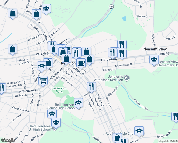 map of restaurants, bars, coffee shops, grocery stores, and more near 27 East Lancaster Street in Red Lion