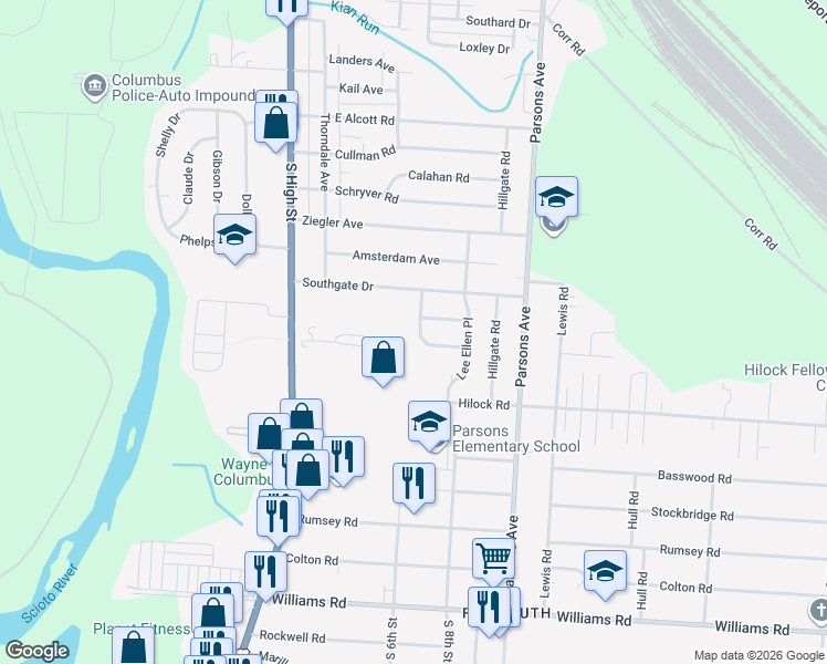 map of restaurants, bars, coffee shops, grocery stores, and more near 3033 Markham Road in Columbus
