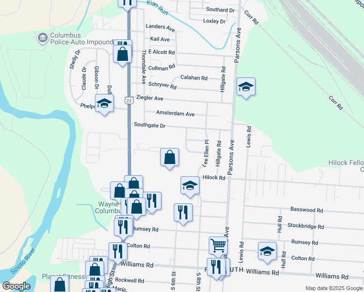 map of restaurants, bars, coffee shops, grocery stores, and more near 3033 Markham Road in Columbus