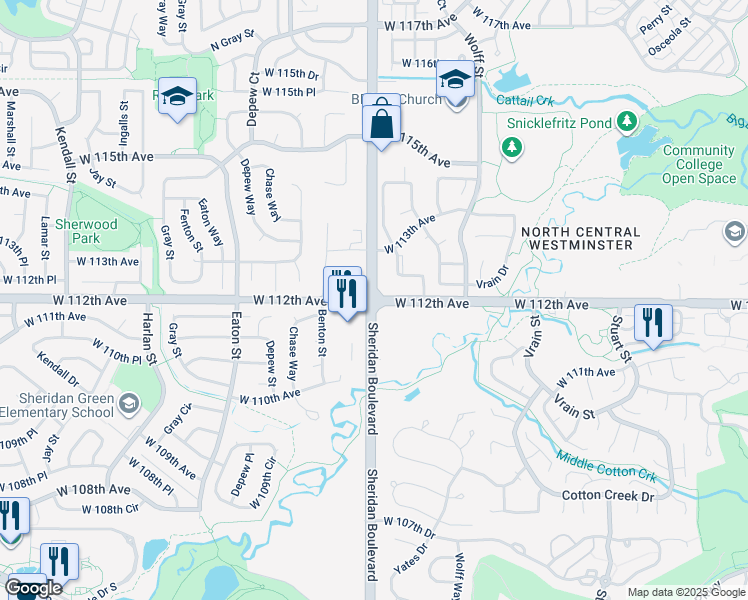 map of restaurants, bars, coffee shops, grocery stores, and more near Sheridan Blvd & W 112th Ave in Westminster