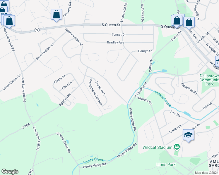 map of restaurants, bars, coffee shops, grocery stores, and more near 2952 Honey Valley Road in Dallastown