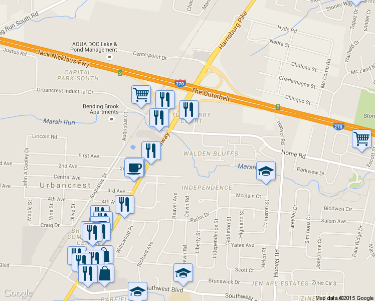 map of restaurants, bars, coffee shops, grocery stores, and more near 2701 Home Road in Grove City