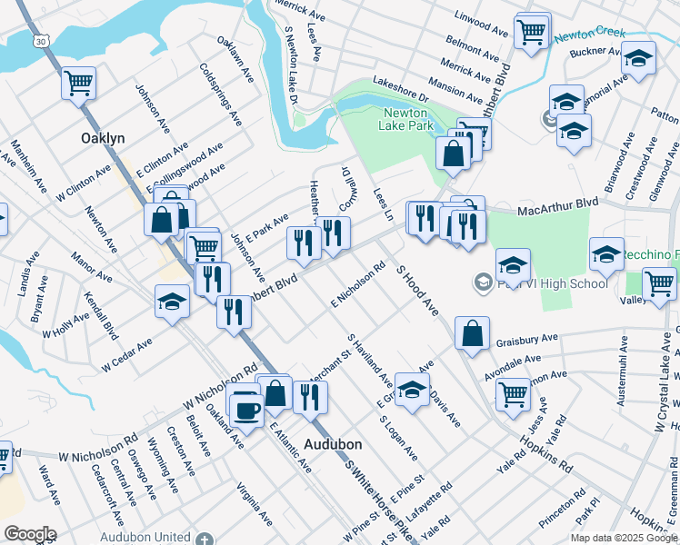 map of restaurants, bars, coffee shops, grocery stores, and more near 21 North Davis Avenue in Audubon