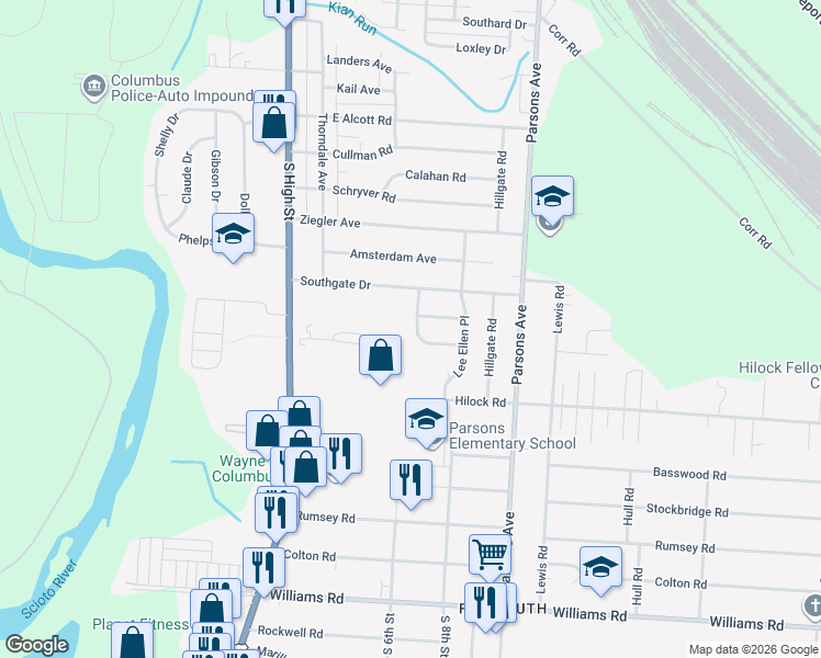 map of restaurants, bars, coffee shops, grocery stores, and more near 3033 Markham Road in Columbus