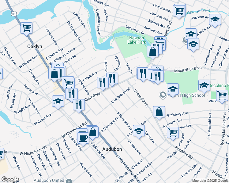 map of restaurants, bars, coffee shops, grocery stores, and more near 21 North Davis Avenue in Audubon