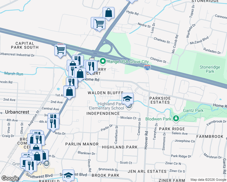 map of restaurants, bars, coffee shops, grocery stores, and more near 3122 Walden Place in Grove City