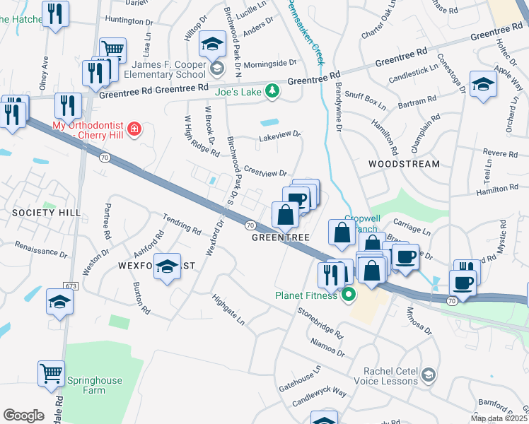 map of restaurants, bars, coffee shops, grocery stores, and more near Greene Lane in Cherry Hill