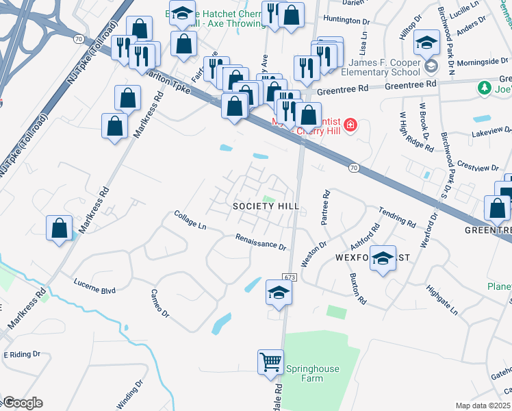 map of restaurants, bars, coffee shops, grocery stores, and more near 707 Society Hill Boulevard in Cherry Hill