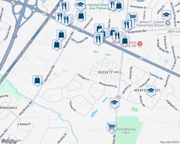 map of restaurants, bars, coffee shops, grocery stores, and more near 613 Society Hill Boulevard in Cherry Hill Township