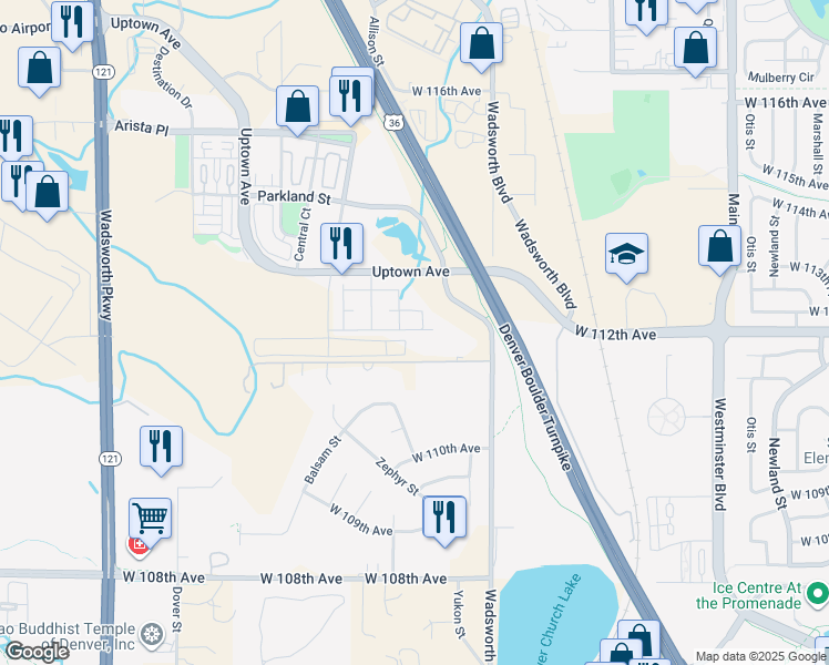 map of restaurants, bars, coffee shops, grocery stores, and more near 8000 Uptown Avenue in Broomfield