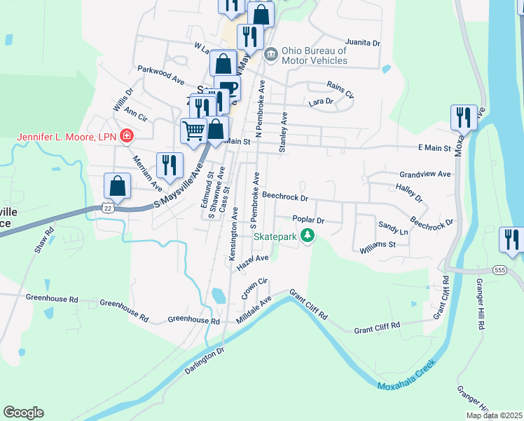map of restaurants, bars, coffee shops, grocery stores, and more near 86 South Pembroke Avenue in South Zanesville