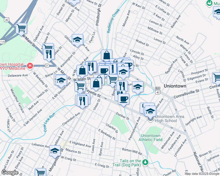 map of restaurants, bars, coffee shops, grocery stores, and more near 23 West Church Street in Uniontown