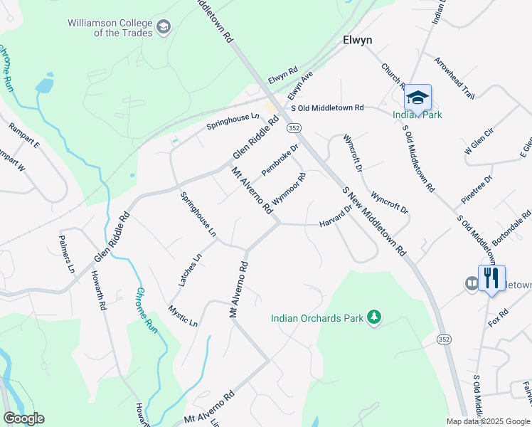 map of restaurants, bars, coffee shops, grocery stores, and more near 242 Mount Alverno Road in Media
