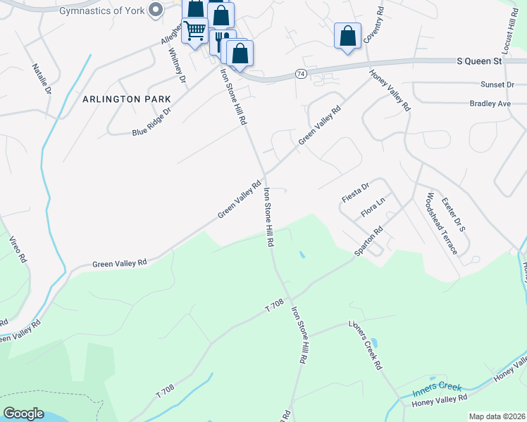 map of restaurants, bars, coffee shops, grocery stores, and more near 2840 Iron Stone Hill Road in York
