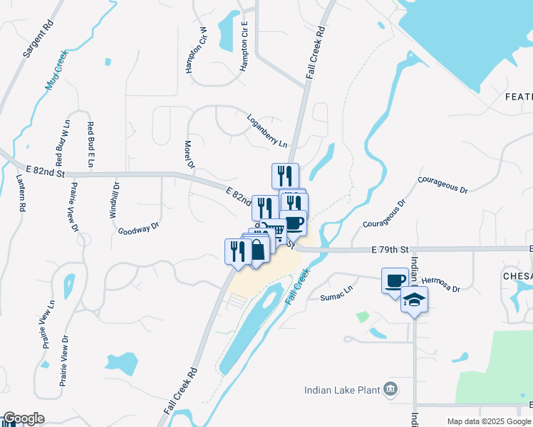 map of restaurants, bars, coffee shops, grocery stores, and more near Fall Creek Rd & E 79th St in Lawrence
