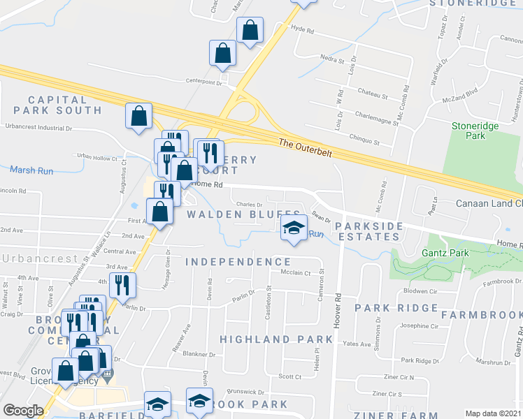 map of restaurants, bars, coffee shops, grocery stores, and more near 3122 Walden Place in Grove City