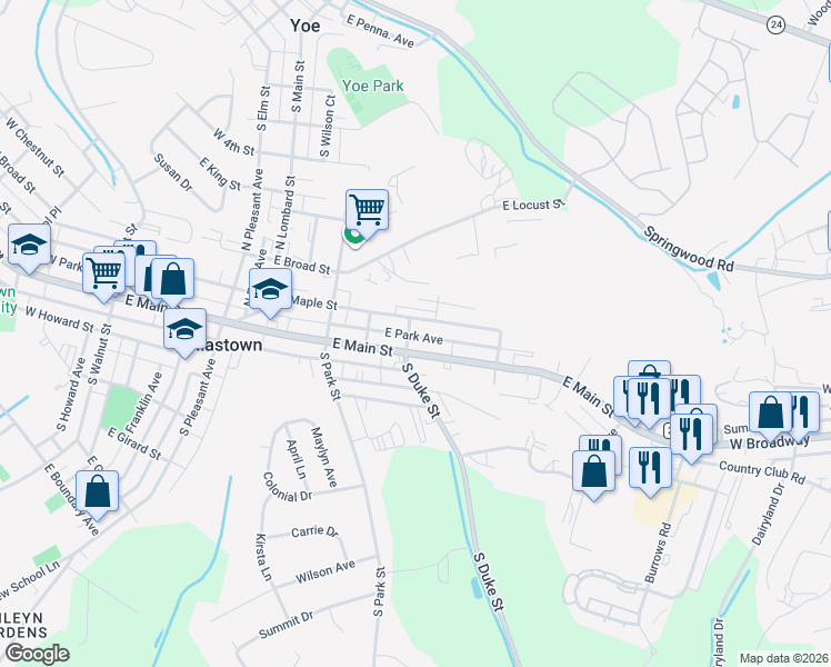 map of restaurants, bars, coffee shops, grocery stores, and more near 514 East Maple Street in Dallastown