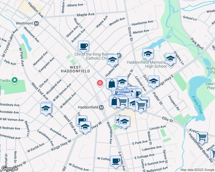 map of restaurants, bars, coffee shops, grocery stores, and more near 90 Tanner St in Haddonfield
