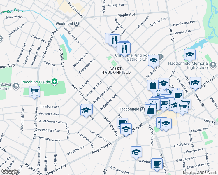 map of restaurants, bars, coffee shops, grocery stores, and more near West Mount Vernon Avenue in Haddonfield