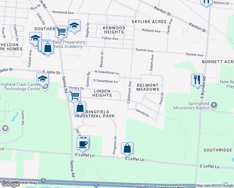 map of restaurants, bars, coffee shops, grocery stores, and more near 1831 Victory Drive in Springfield