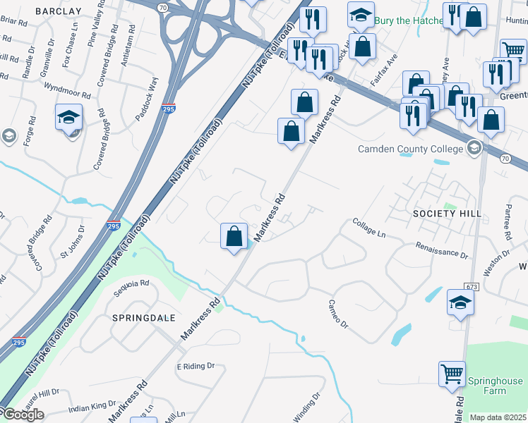 map of restaurants, bars, coffee shops, grocery stores, and more near 443 Tuvira Lane in Cherry Hill