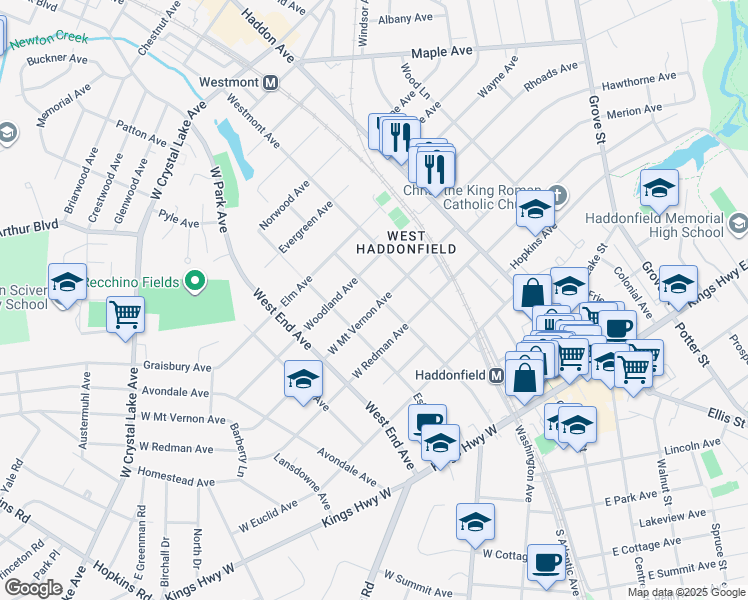 map of restaurants, bars, coffee shops, grocery stores, and more near 201 West Mount Vernon Avenue in Haddonfield